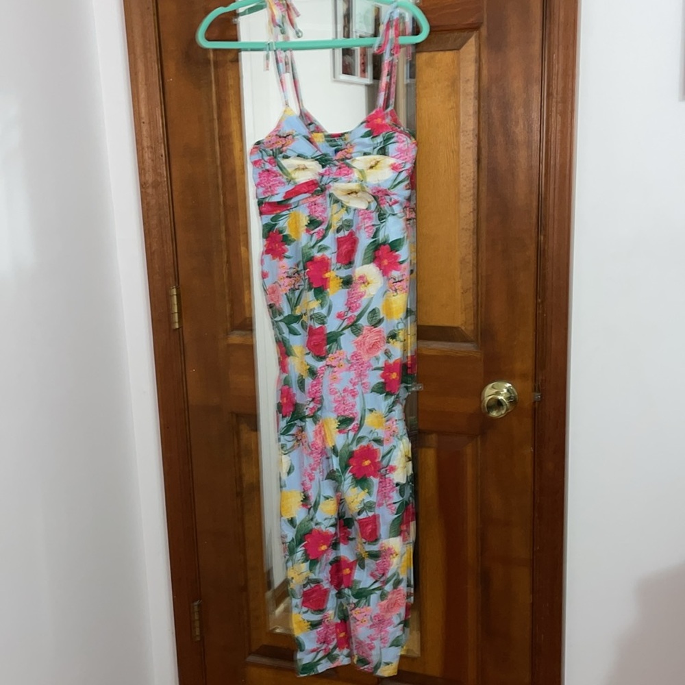 Old Navy Jumpsuit Womens S Pink Blue Floral Linen Blend Vacation Tropical - Picture 2 of 13